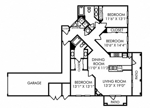 Floor plan for 3 beds, 2 baths, 1535 sqft